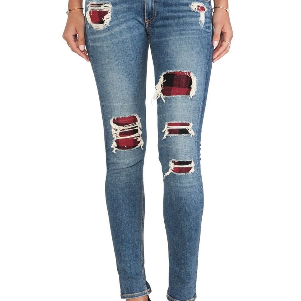 rag & bone Blue Distressed Plaid-Back Ankle Jeans